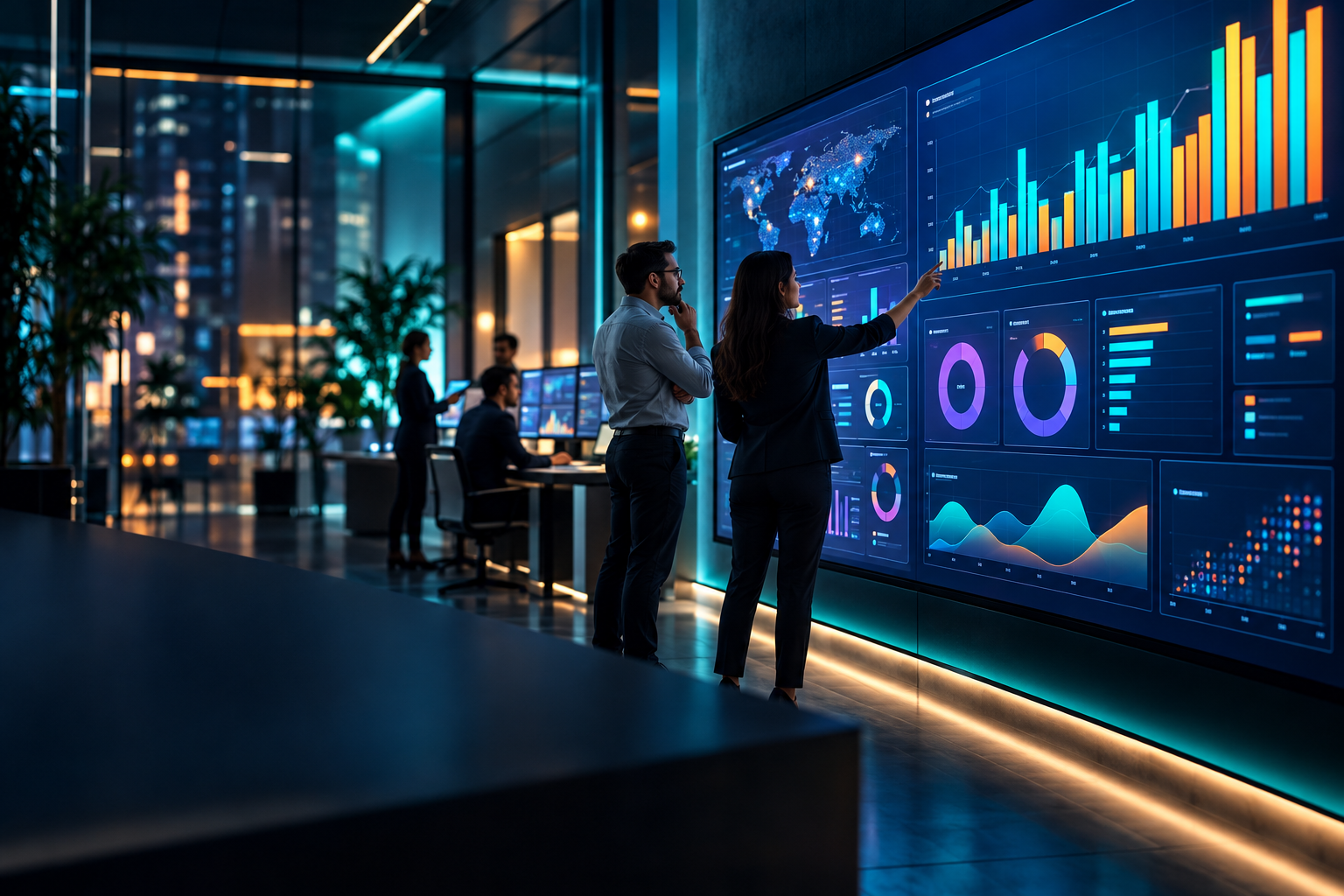 Escena ilustrativa de un centro de análisis con dashboards