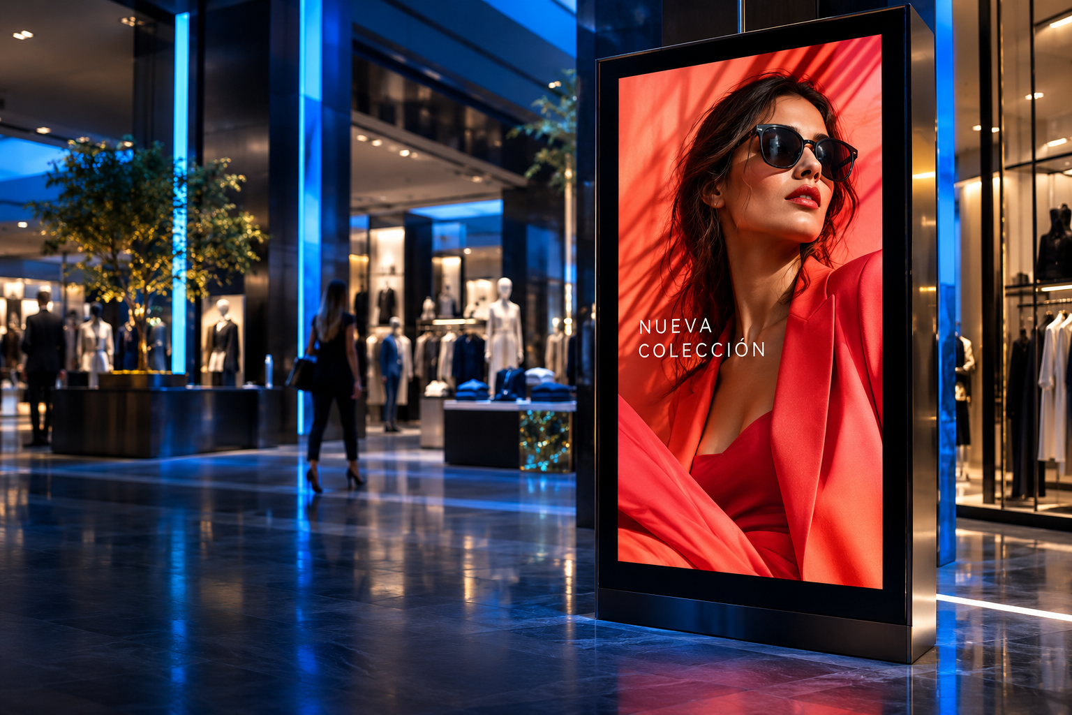 Pantalla publicitaria en un comercio de moda